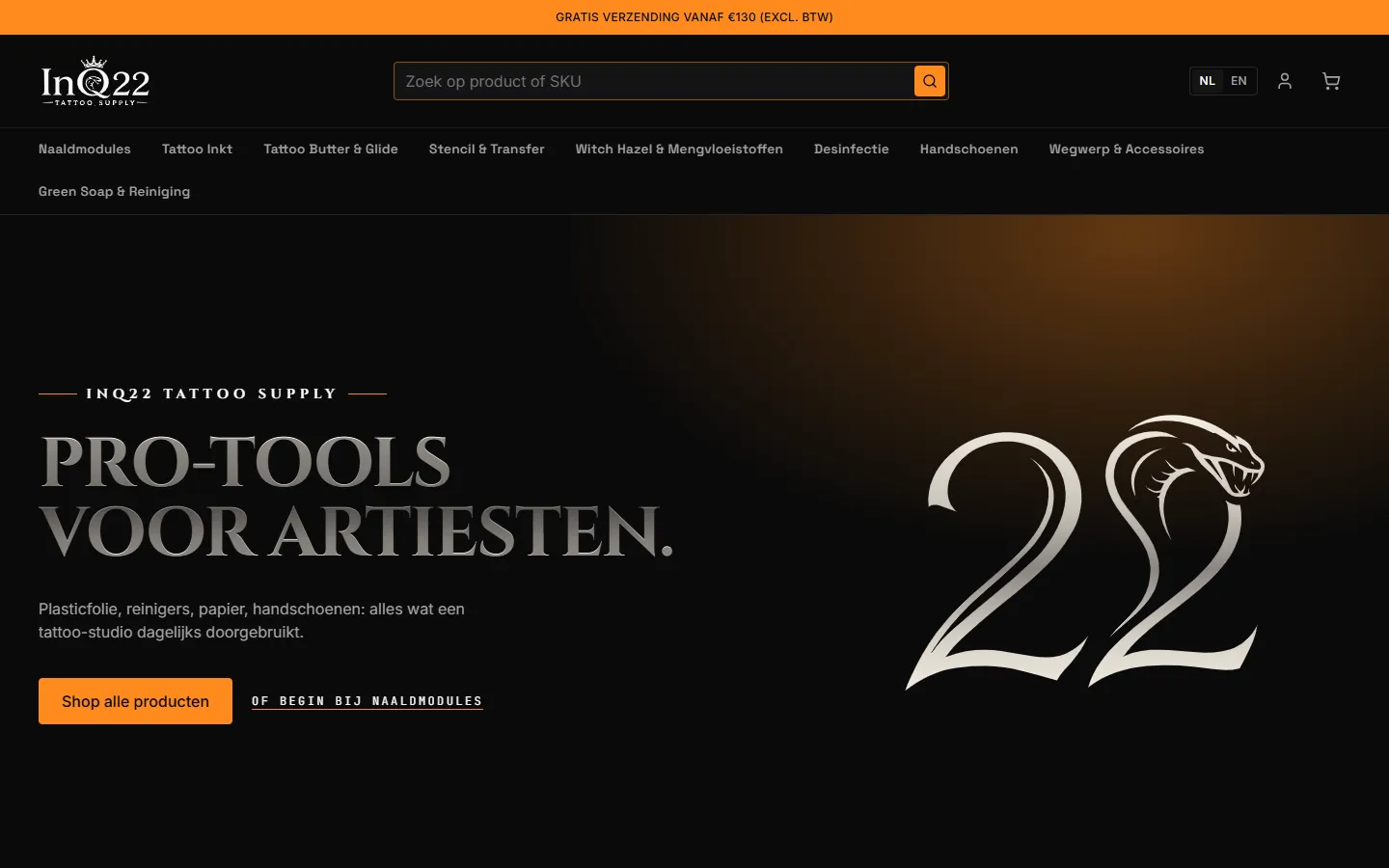 De homepage van de webwinkel van INQ22 Tattoo Supply