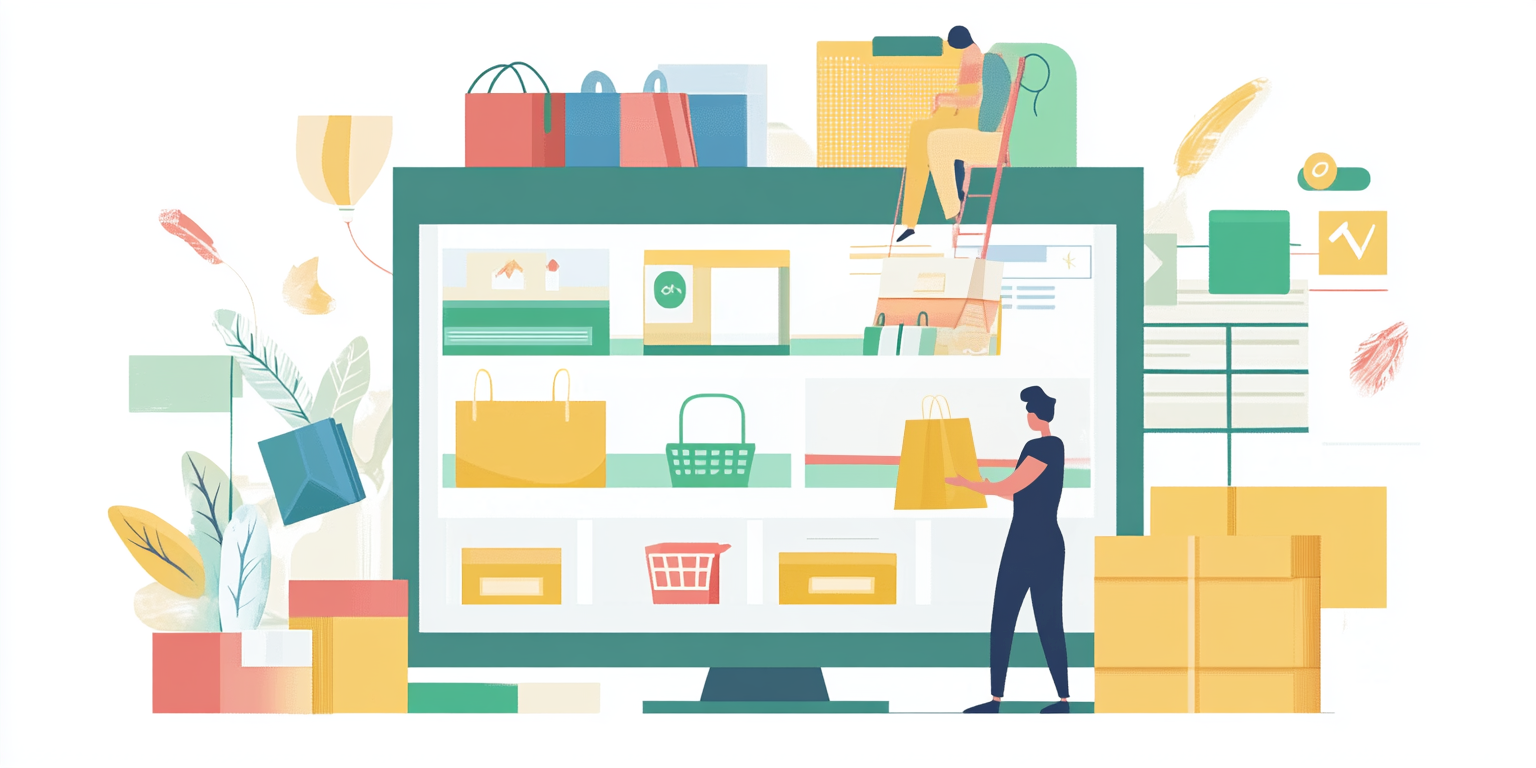 Illustration of online shopping concept. A large computer screen displays shopping icons and bags, reminiscent of virtual workshops. Boxes and shopping bags surround the scene. A person stands at the screen holding a bag, while another sits on top by a ladder.