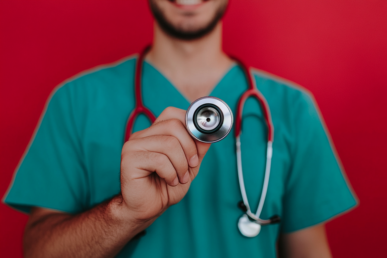 A healthcare professional in teal scrubs extends a stethoscope toward the camera against a red backdrop, embodying the hands-on learning and discovery found in medical workshops.